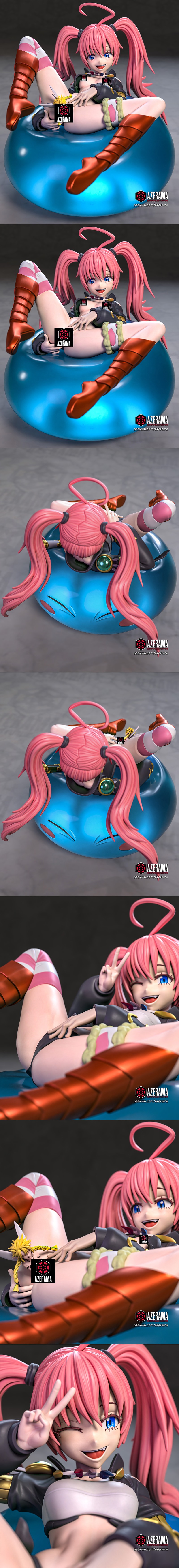 Milim Nava from TenSura sitting on a blue slime, winking and holding up a peace sign. She has pink twin-tails, blue e...