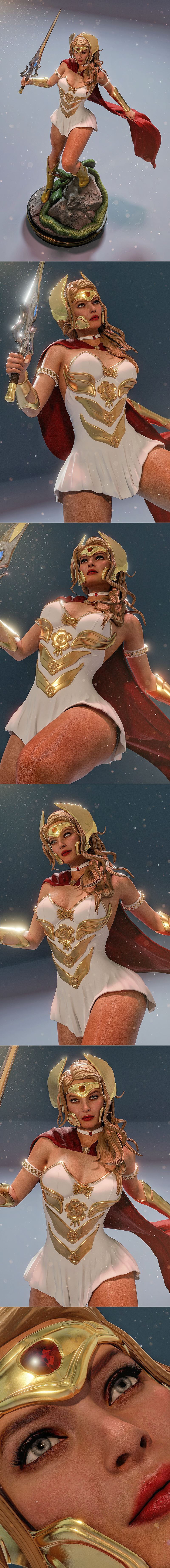 She-Ra figure with white and gold costume, red cape, holding a sword, standing on a rock with a green snake, by MCM3D.