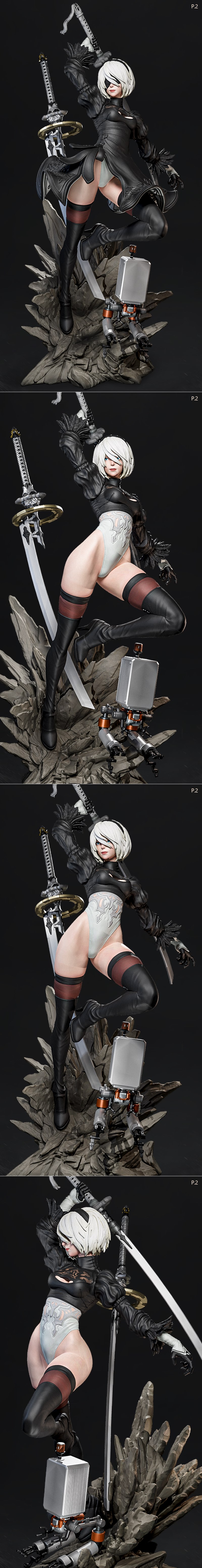 Nier Automata 2B figure with swords and Pod 042 companion, in a dynamic action pose on a rocky base.