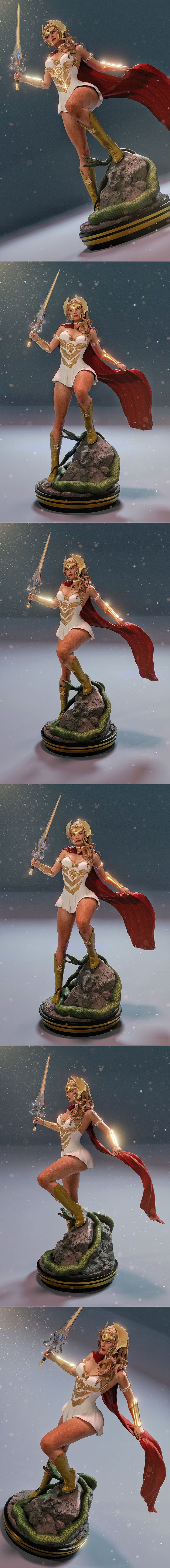 She-Ra figure with white and gold costume, red cape, holding a sword, standing on a rock with a green snake, by MCM3D.