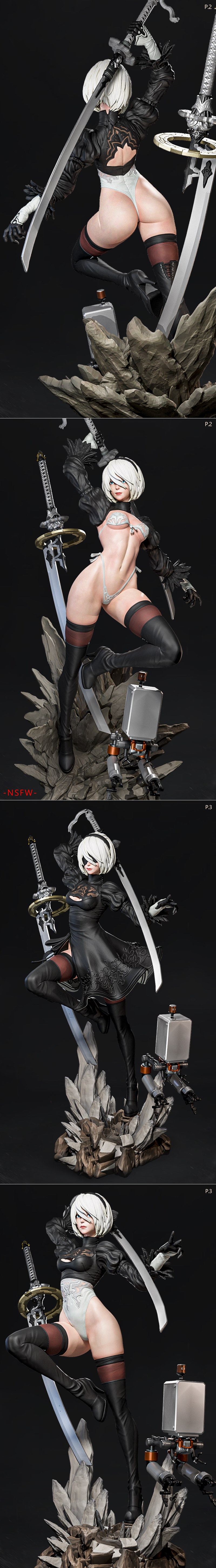 Nier Automata 2B figure with swords and Pod 042 companion, in a dynamic action pose on a rocky base.