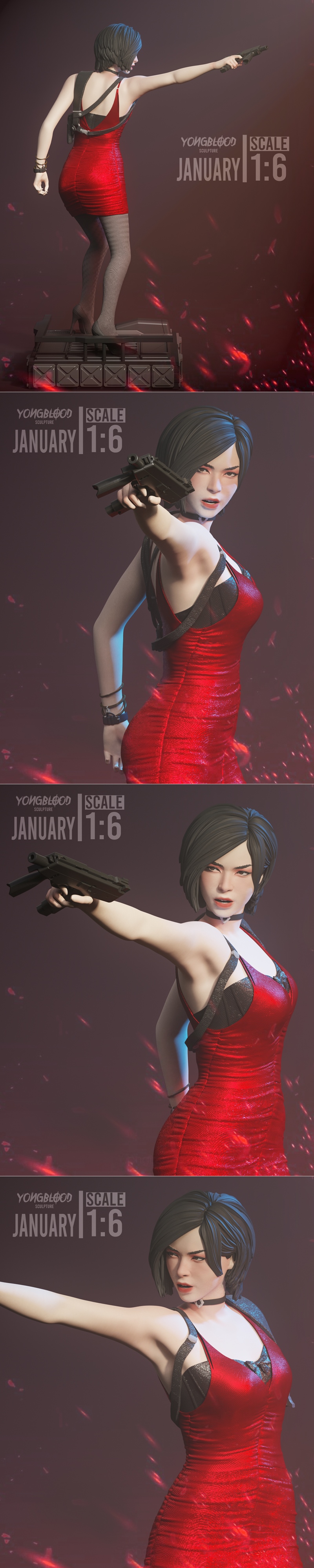 Ada Wong from Resident Evil in a red dress and stockings, holding a pistol in an action pose on a detailed base. 1:6...