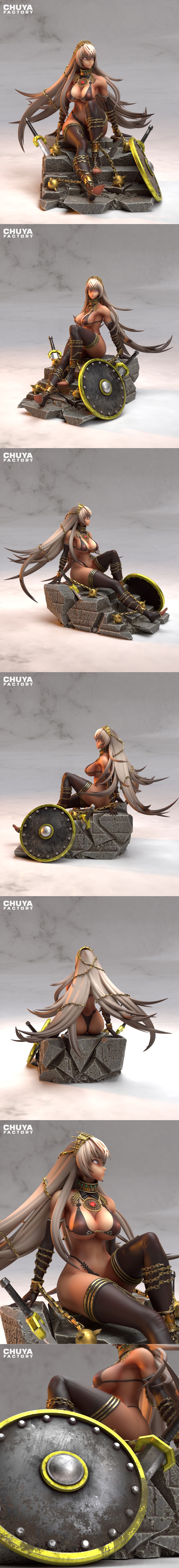 Zenobia figure by Chuya Factory, seated on rocks, wearing revealing armor with chains, holding a shield and sword, fa...