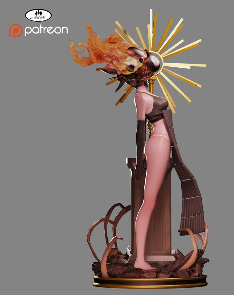 Reze from Chainsaw Man 3D print model, wearing a white shirt, black shorts, and thigh-highs, standing on a base with...