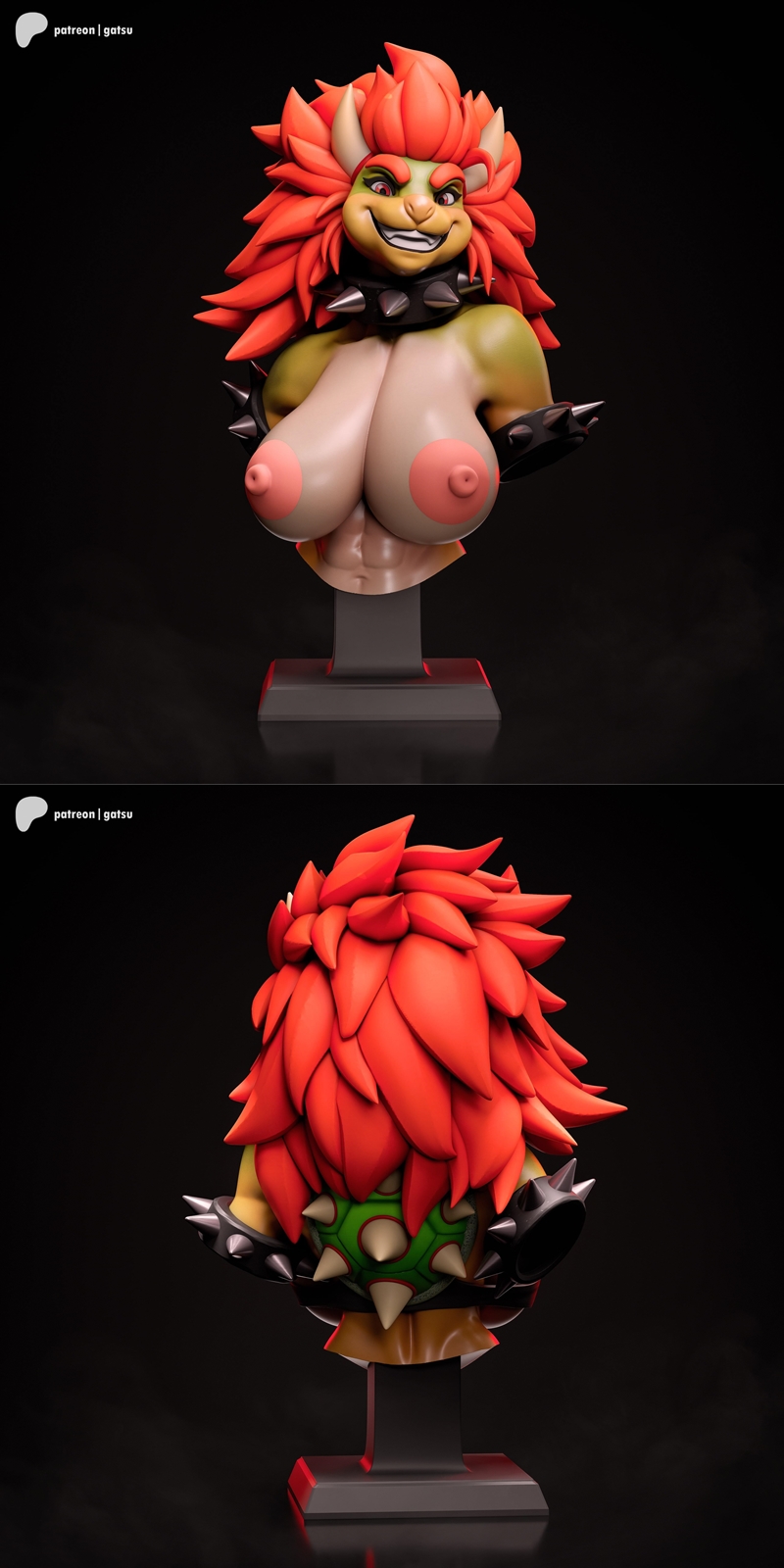 Bowsette bust 3D model by Gatsu Studios, featuring red hair, green skin, spiked collar and armbands, and a revealing...
