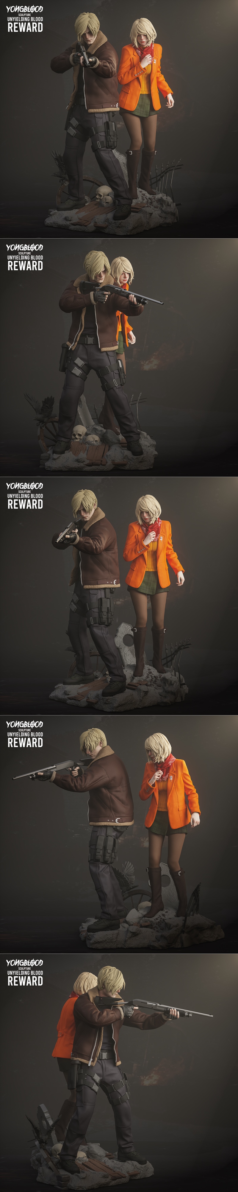 3D model diorama of Leon S. Kennedy holding a rifle and Ashley Graham standing beside him, on a rocky base with skull...