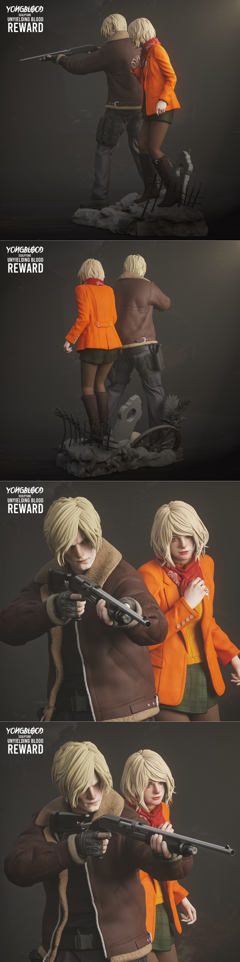 3D model diorama of Leon S. Kennedy holding a rifle and Ashley Graham standing beside him, on a rocky base with skull...