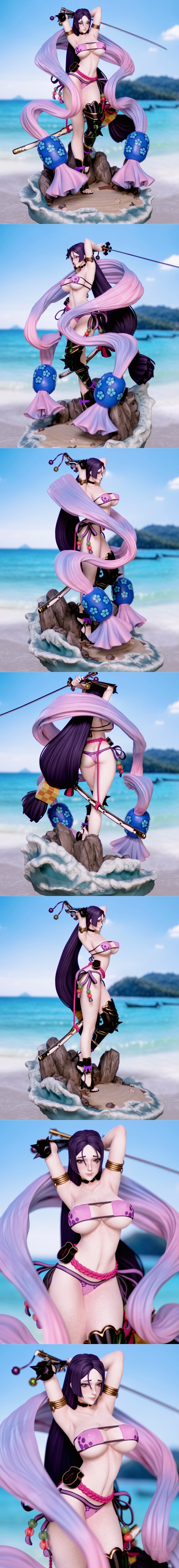 Anime character Minato in a bikini, holding a sword, standing on a beach with long flowing hair and detailed accessor...