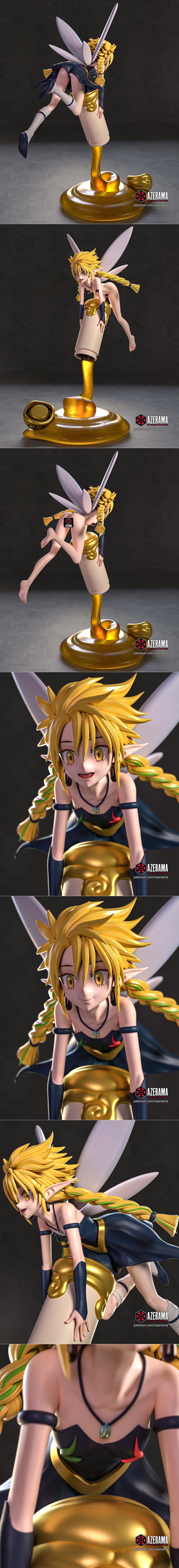 Ramiris from TenSura anime, a fairy with blonde hair and wings, in a dark dress, posed on a golden liquid base. 3D mo...