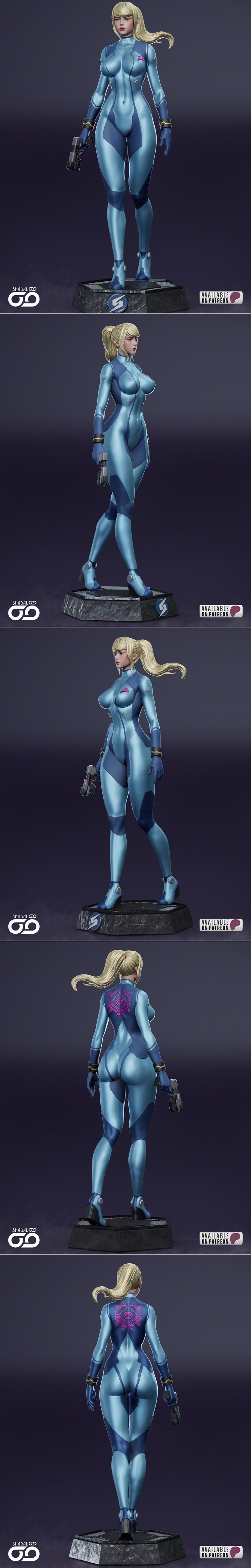 Samus Aran in a form-fitting blue Varia Suit, holding a blaster, with the "METROID" logo in the background....