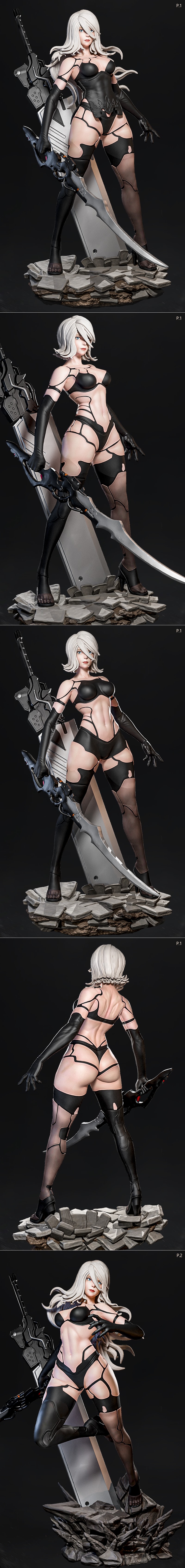 A2 from NieR: Automata in black lingerie, holding a scythe and gun, standing on a rocky base. White hair, blue eyes,...