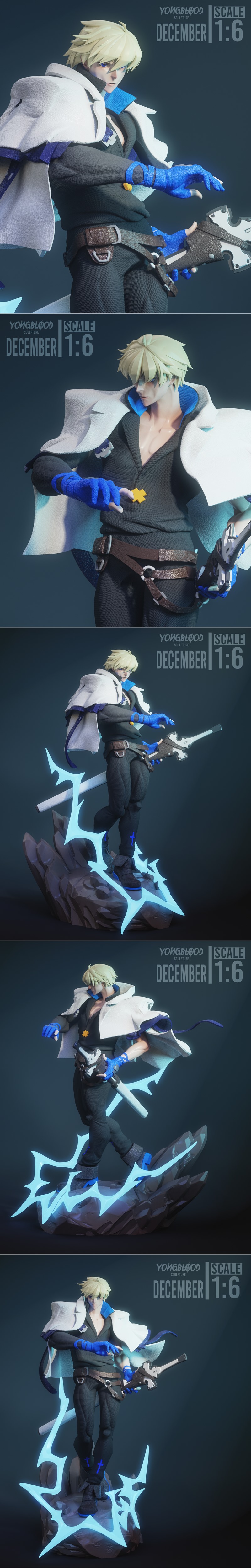 Ky Kiske 3D model, 1:6 scale, blonde spiky hair, blue eyes, wearing a white coat over a dark grey shirt, blue hand wr...