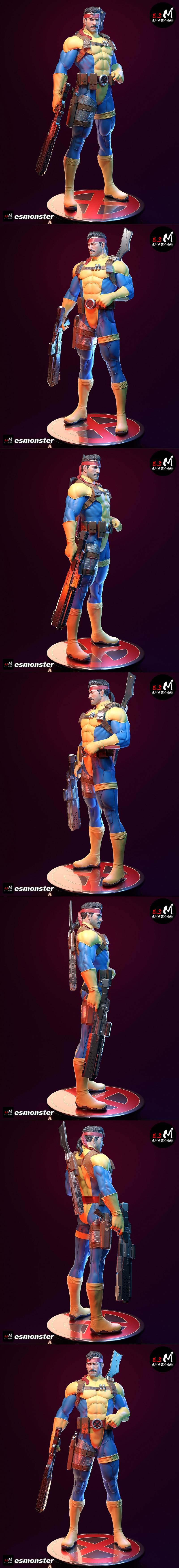 Forge from X-Men comics, a male figure in blue and yellow costume with red bandana, holding a rifle and standing on a...