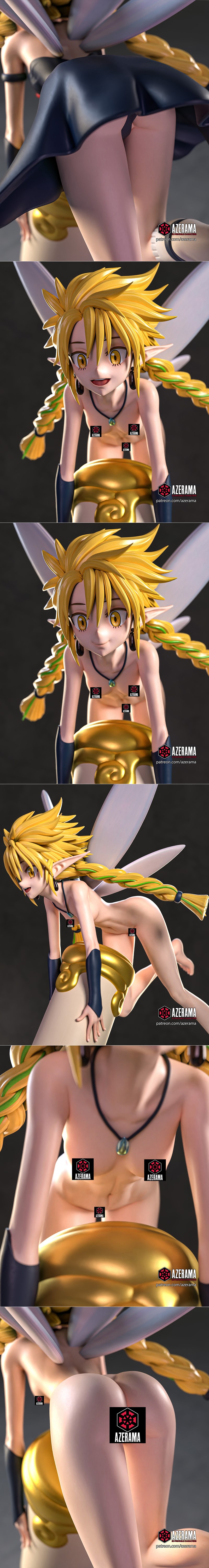 Ramiris from TenSura anime, a fairy with blonde hair and wings, in a dark dress, posed on a golden liquid base. 3D mo...