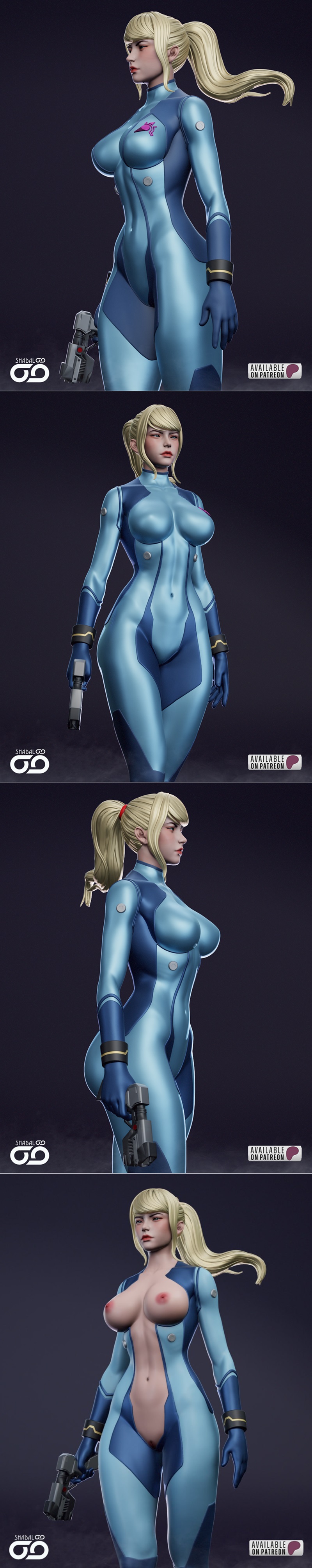 Samus Aran in a form-fitting blue Varia Suit, holding a blaster, with the "METROID" logo in the background....
