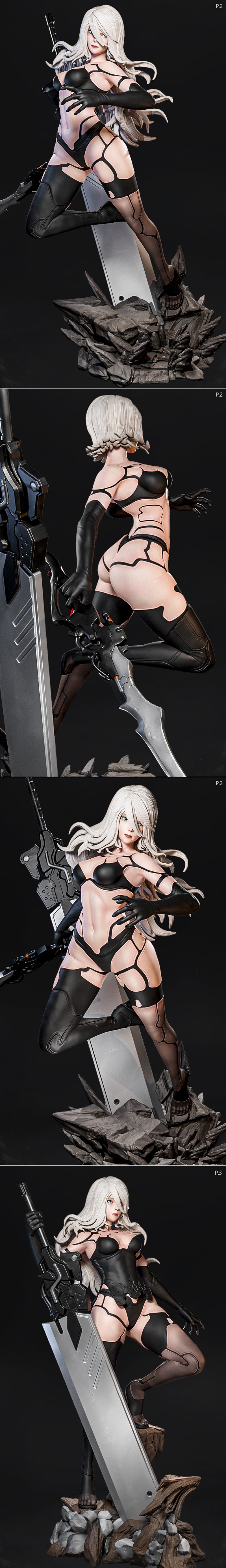A2 from NieR: Automata in black lingerie, holding a scythe and gun, standing on a rocky base. White hair, blue eyes,...