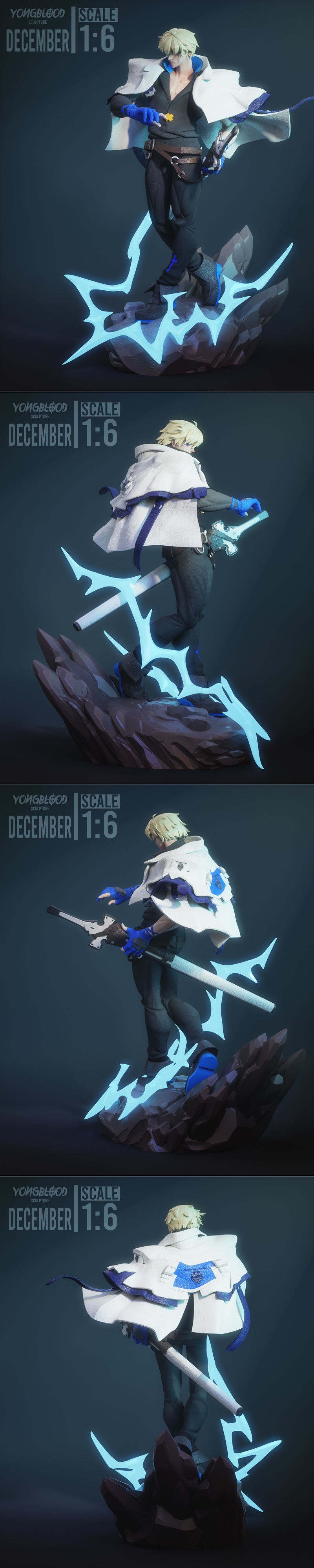 Ky Kiske 3D model, 1:6 scale, blonde spiky hair, blue eyes, wearing a white coat over a dark grey shirt, blue hand wr...