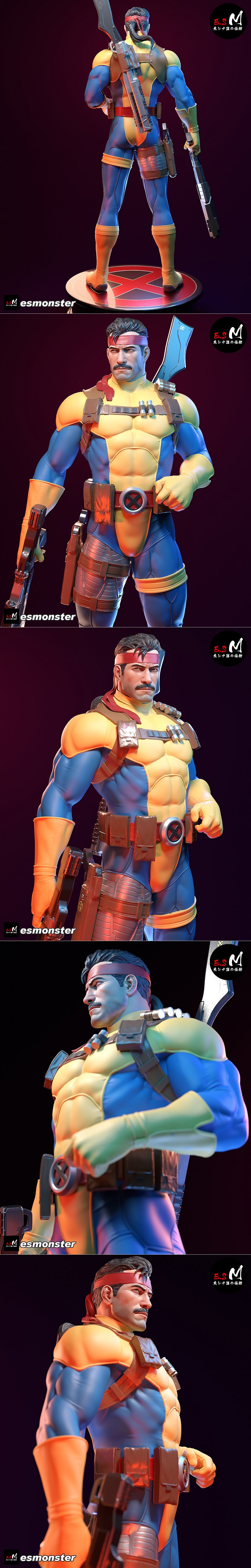 Forge from X-Men comics, a male figure in blue and yellow costume with red bandana, holding a rifle and standing on a...