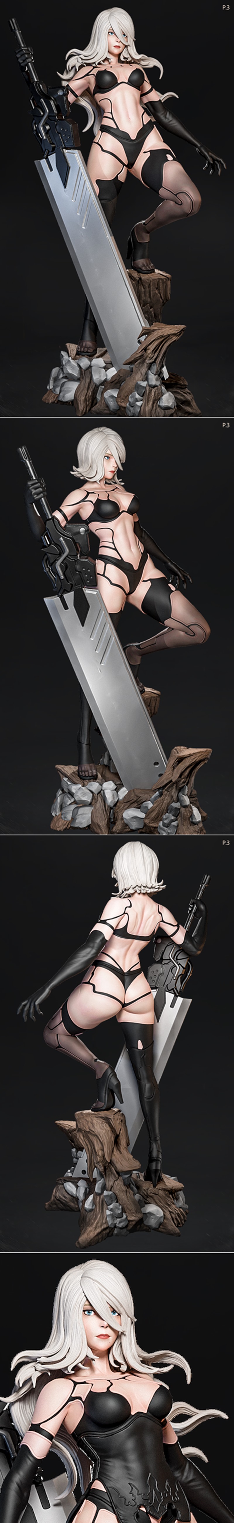 A2 from NieR: Automata in black lingerie, holding a scythe and gun, standing on a rocky base. White hair, blue eyes,...