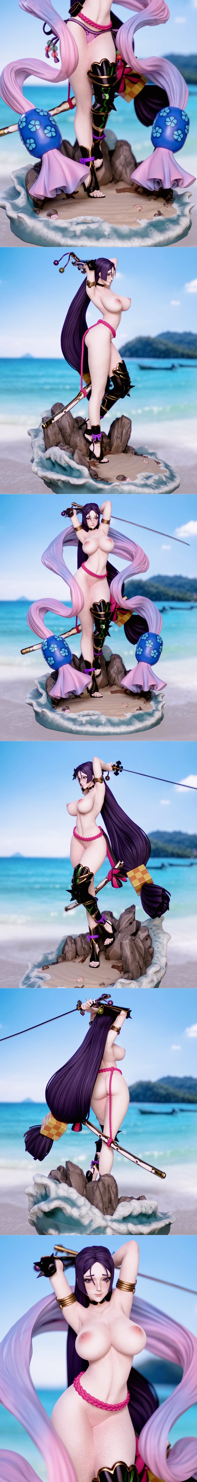 Anime character Minato in a bikini, holding a sword, standing on a beach with long flowing hair and detailed accessor...