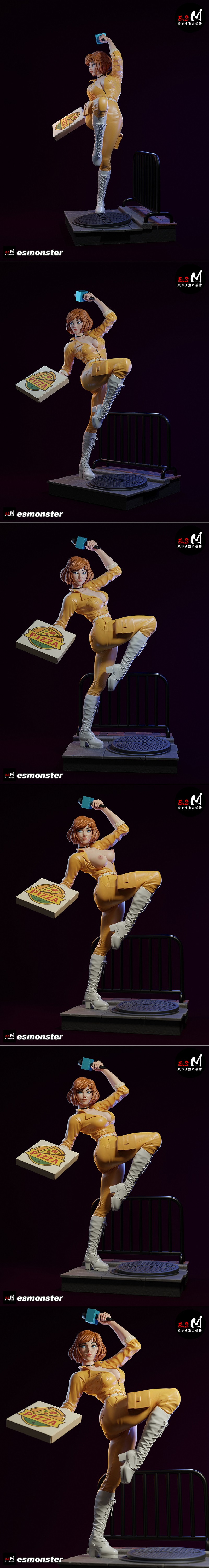 Anime figure of April O'Neil in a heroic pose, holding a pizza box and wearing a form-fitting outfit and high heels.