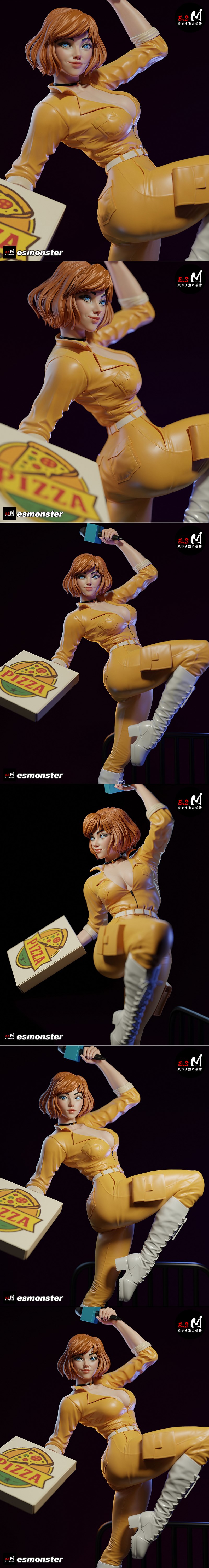 Anime figure of April O'Neil in a heroic pose, holding a pizza box and wearing a form-fitting outfit and high heels.
