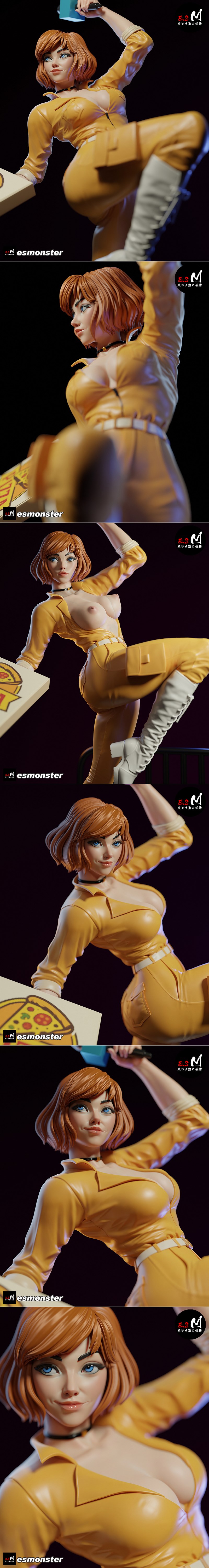Anime figure of April O'Neil in a heroic pose, holding a pizza box and wearing a form-fitting outfit and high heels.