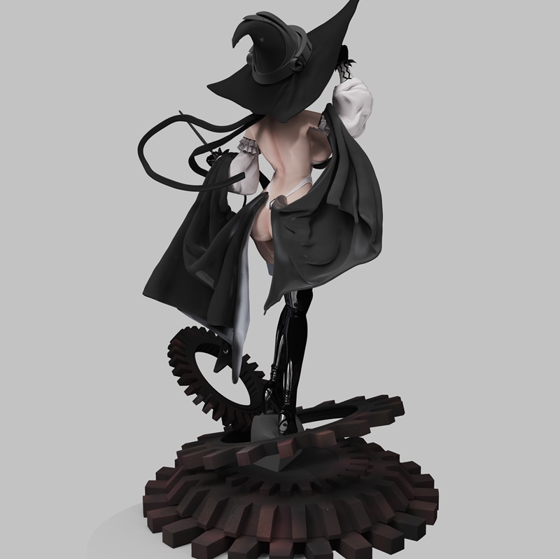 2B Magical Girl figure from Nier Automata, wearing a white leotard, black stockings, and a witch hat, posed on a base...