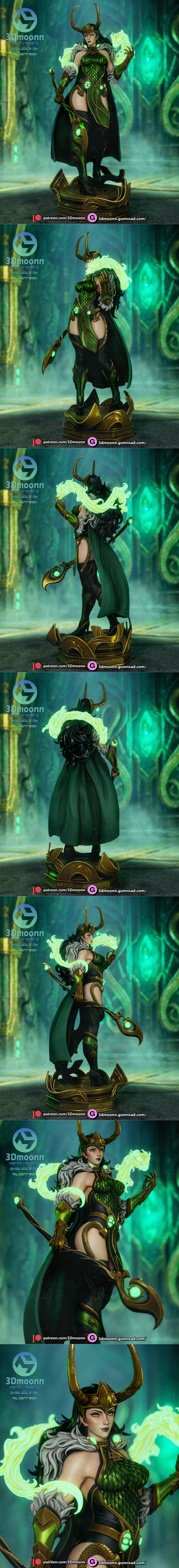 3Dmoonn Lady Loki figure with horned helmet, green armor, and staff, surrounded by green energy, on an ornate base.