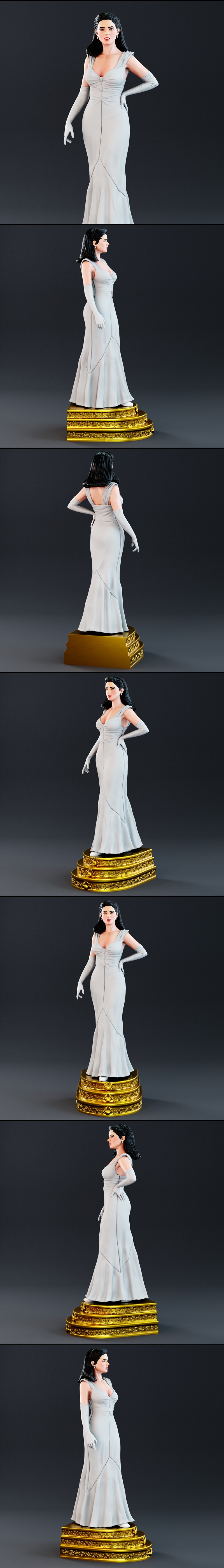 Jennifer Connelly figure in a white formal gown and opera gloves, standing on an ornate golden base.