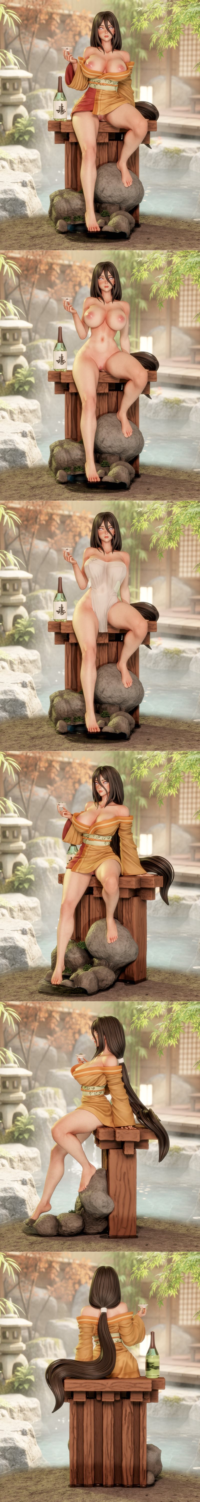 Hanabi 3D model figure by Momoji, sitting in a traditional Japanese setting with a bottle of sake, wearing an open ki...