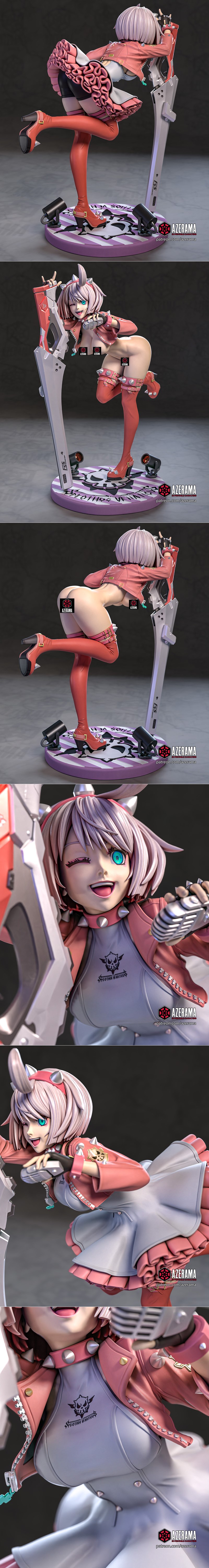 Elphelt from Guilty Gear striking a pose with a large weapon, winking and holding up two fingers. She wears a pink ja...