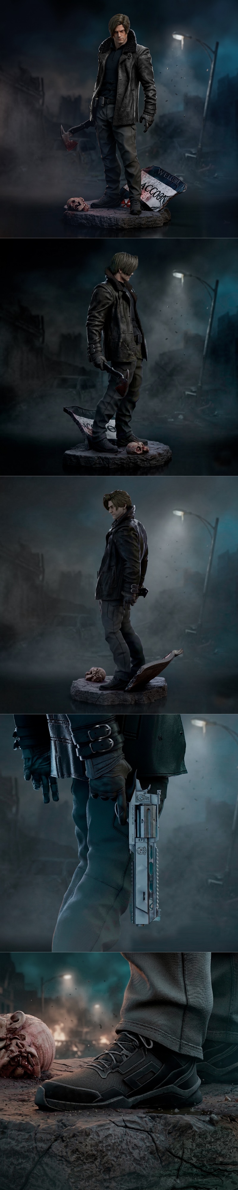 Leon S. Kennedy from Resident Evil, standing heroically with a combat-ready stance, wearing streetwear and armed with...