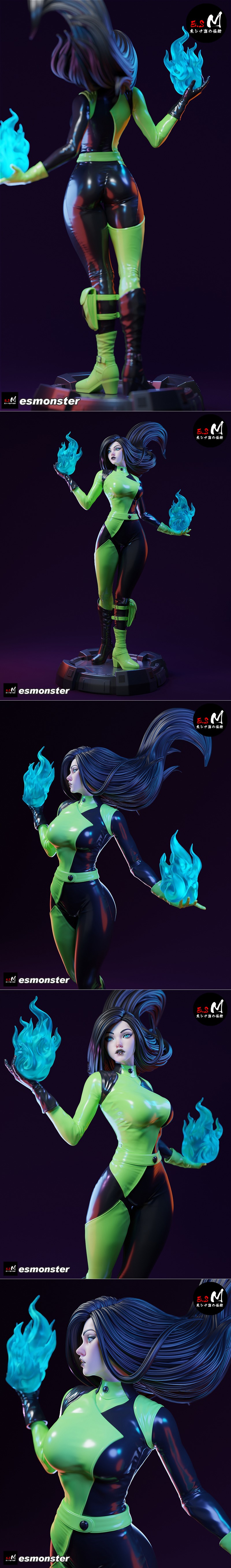 Shego figure in a green and black bodysuit, conjuring blue energy blasts with both hands, standing on a detailed base.