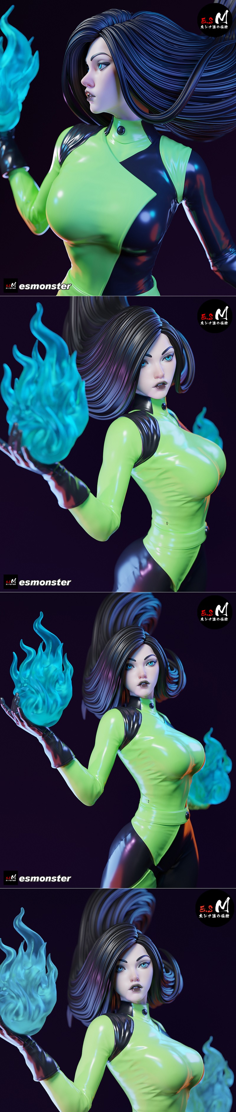 Shego figure in a green and black bodysuit, conjuring blue energy blasts with both hands, standing on a detailed base.