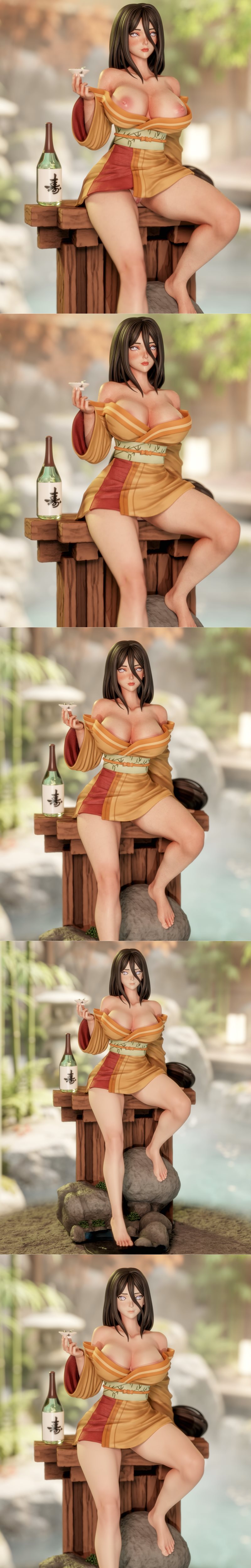 Hanabi 3D model figure by Momoji, sitting in a traditional Japanese setting with a bottle of sake, wearing an open ki...