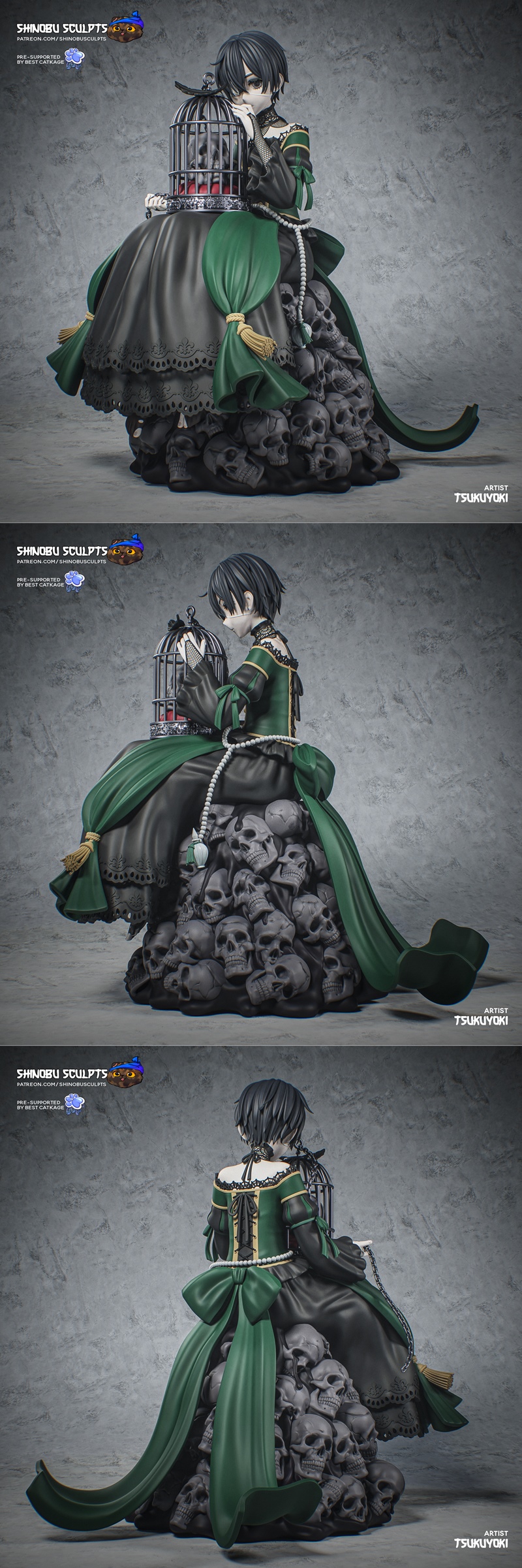 3D printable figure of Ciel by Shinobu Sculpts, holding a gothic cage with a skull inside. Features black hair, ornat...