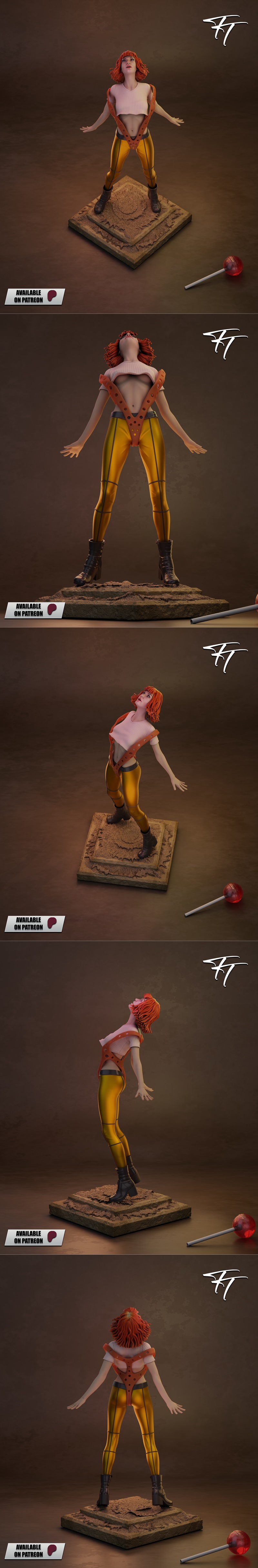 3D model of Leeloo from The Fifth Element, emerging from a square base, with orange hair and a surprised expression.