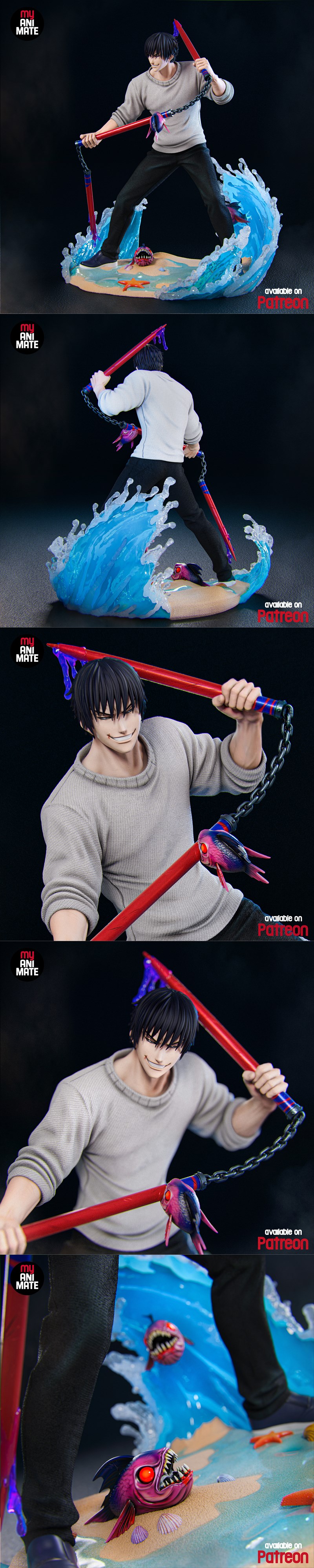 3D model of Toji from Jujutsu Kaisen on a beach base with waves and monster fish, holding a chain weapon.