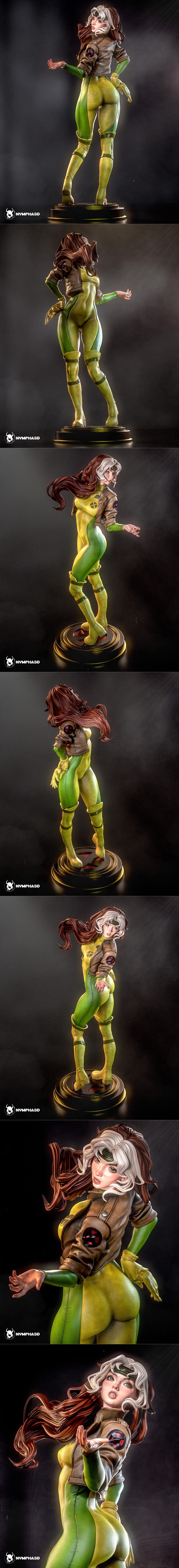 Rogue from Marvel Comics, X-Men, standing in a heroic combat pose with a green uniform and boots.