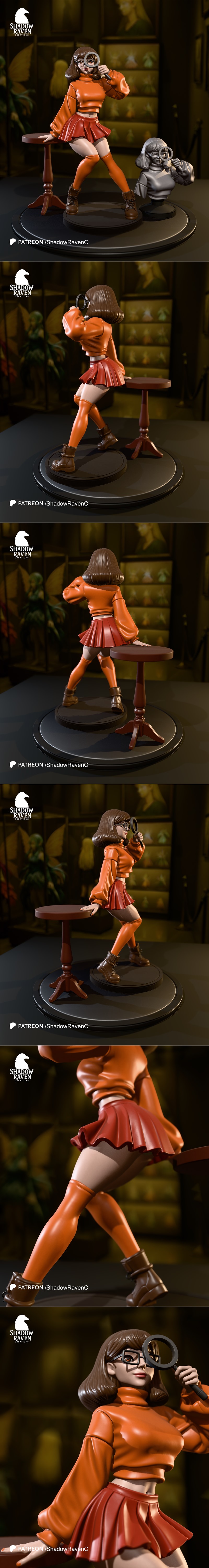 3D model of Velma Dinkley in an anime-inspired style, wearing an orange crop turtleneck, red pleated skirt, orange th...