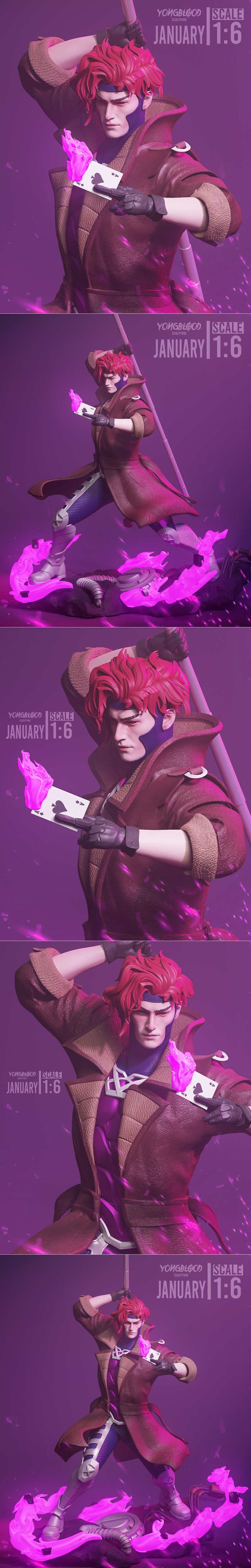 Gambit figure in a dynamic pose, holding playing cards with purple energy effects, wearing a trench coat and mask. Yo...