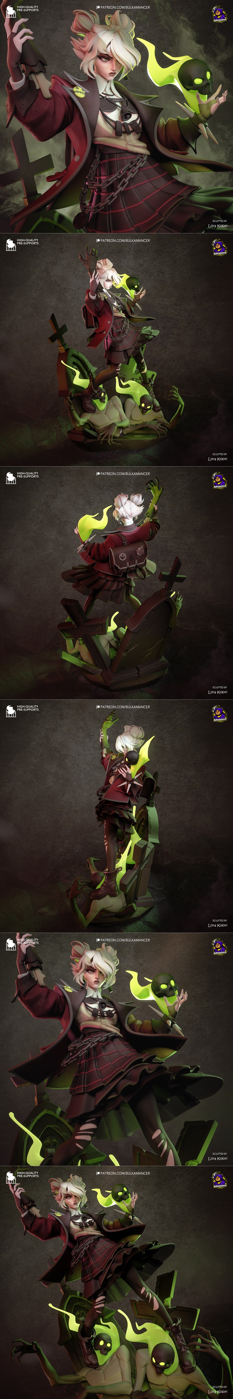 Gothic female character Deadlock from Graves, standing on tombstones with glowing green skulls and zombies, 3D model...