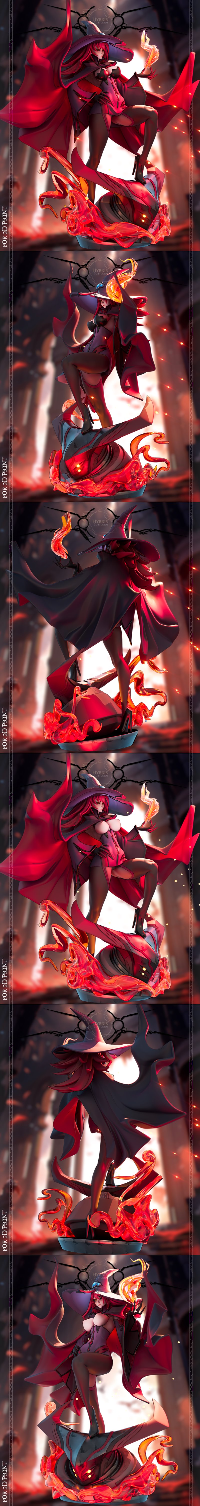 Konoe A. Mercury 3D print model by Hybris Studios, posed as a witch with a red cape and hat, standing on a fiery, dem...
