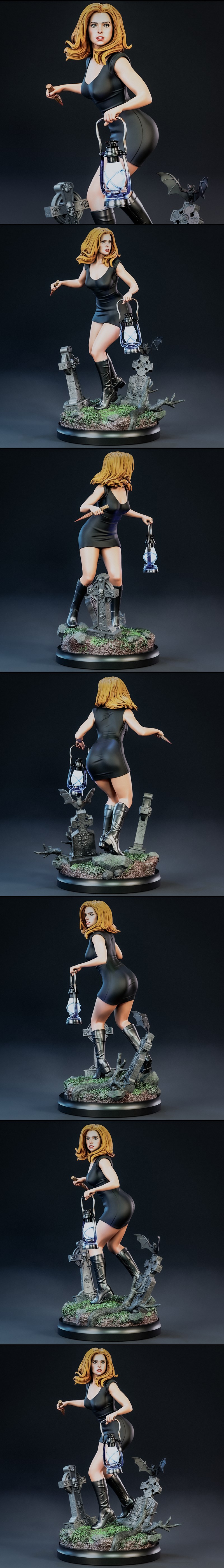 Buffy the Vampire Slayer 3D print model by BrunoArt3D, holding a lantern and stake in a graveyard with tombstones and...