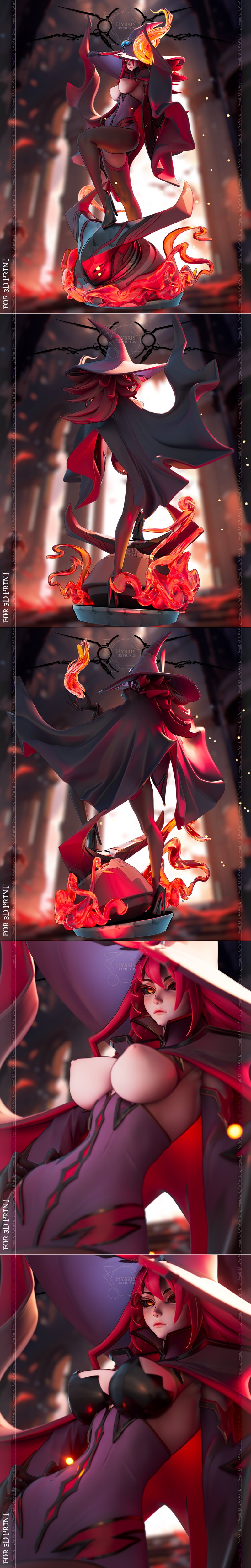 Konoe A. Mercury 3D print model by Hybris Studios, posed as a witch with a red cape and hat, standing on a fiery, dem...
