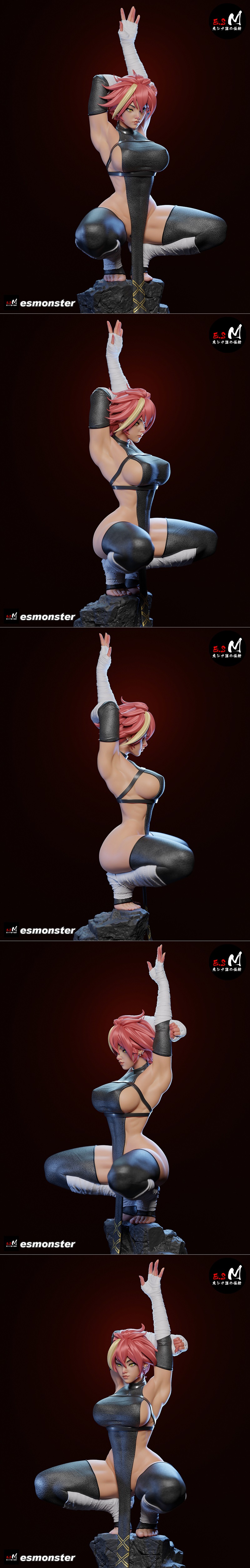 Marle Barrock 3D model figure, crouched pose, pink hair, yellow eyes, black outfit with white bandages, rocky base, E...