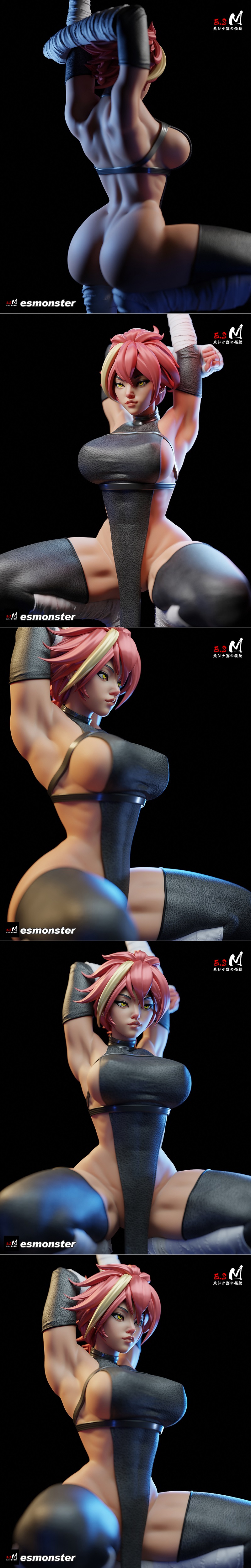 Marle Barrock 3D model figure, crouched pose, pink hair, yellow eyes, black outfit with white bandages, rocky base, E...