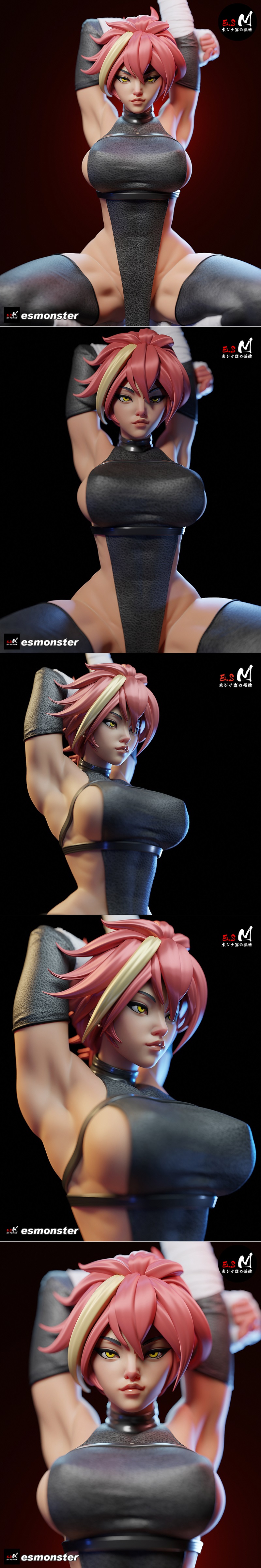 Marle Barrock 3D model figure, crouched pose, pink hair, yellow eyes, black outfit with white bandages, rocky base, E...