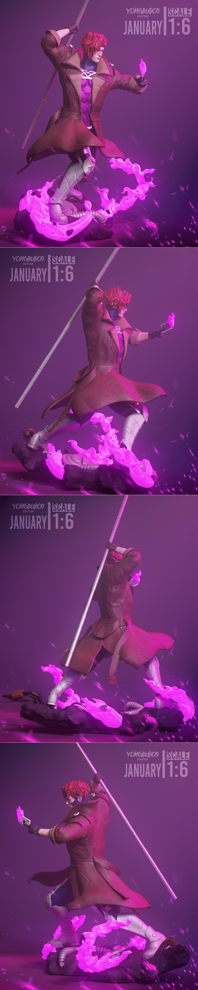 Gambit figure in a dynamic pose, holding playing cards with purple energy effects, wearing a trench coat and mask. Yo...